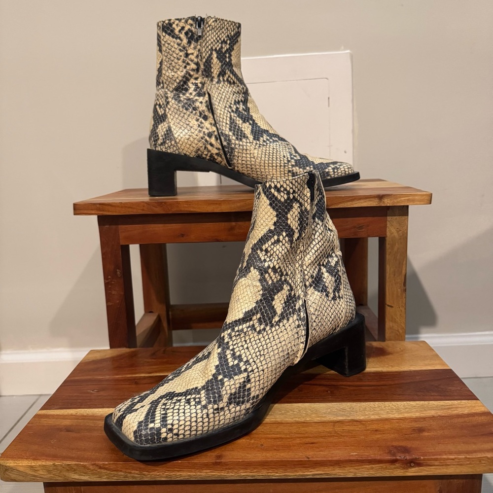 Zara Square Toe Snake Print Ankle Boots